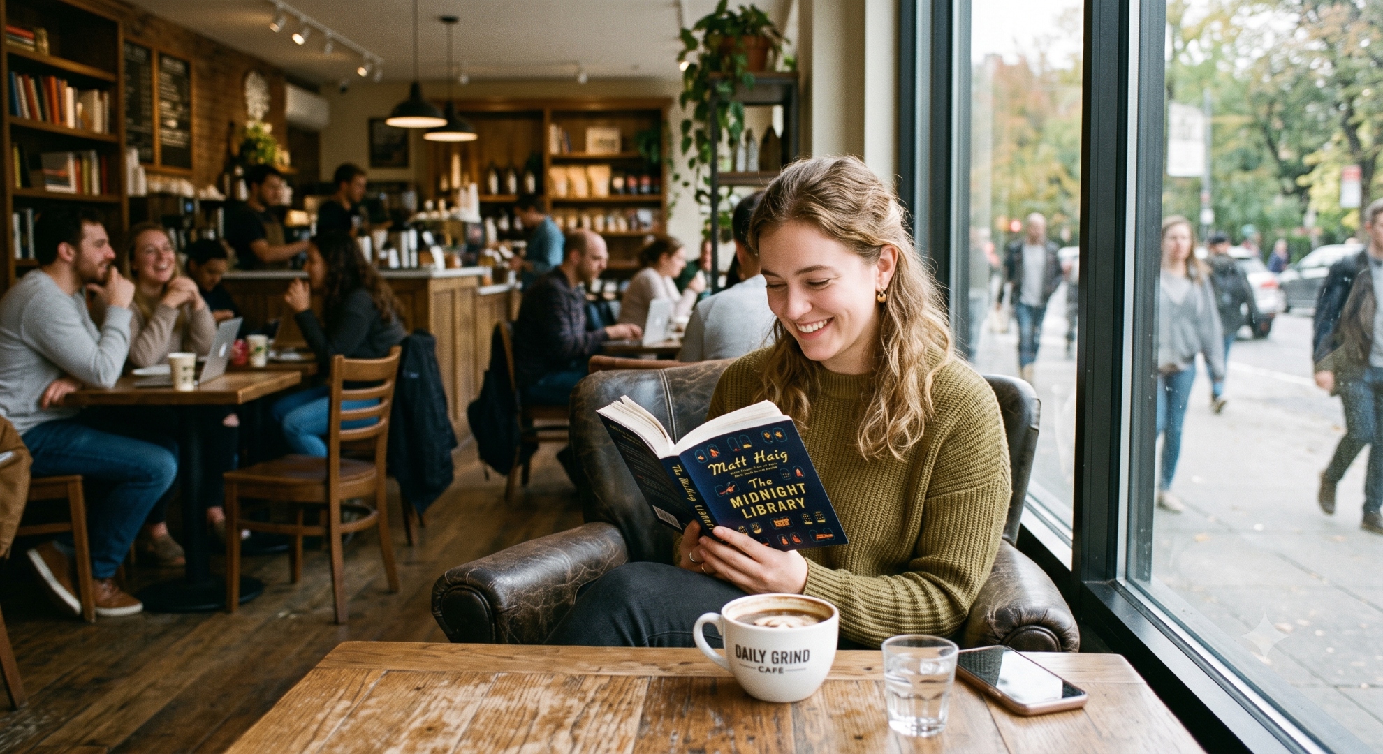 Young woman smiling as she reads The Midnight Library with a latte at a café